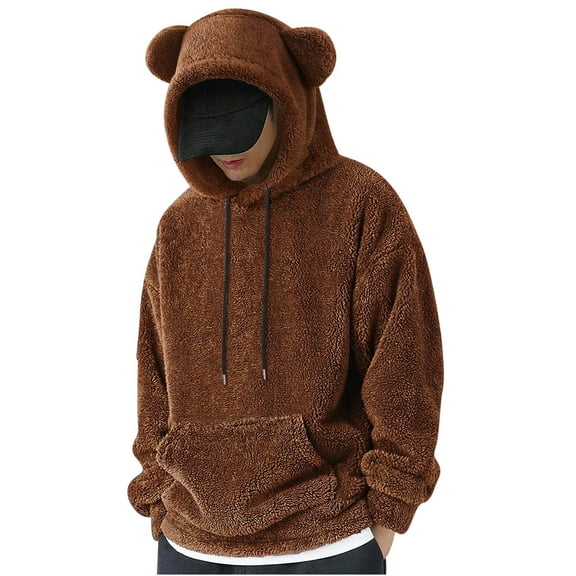 Men's Cute Bear Ear Plush Pullover Hoodies Sweatshirt, Warm Winter Fuzzy Fleece Casual Long Sleeve Outerwear Tops