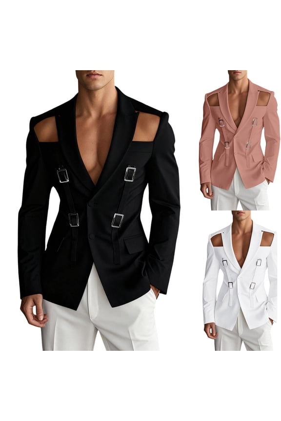 Men's Cutout Shoulder Blazer Buckle Strap Sport Coat Slim Fit Gothic Punk Clubwear Dress Jacket with Pockets for Rave Nightclub Show, Black, XXL
