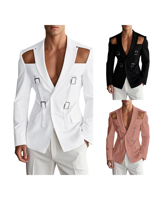 Men's Cutout Shoulder Blazer Buckle Strap Sport Coat Slim Fit Gothic Punk Clubwear Dress Jacket with Pockets for Rave Nightclub Show, White, S