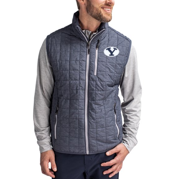 Men's-Cutter & Buck Anthracite BYU Cougars Rainier Eco Insulated PrimaLoft Full-Zip Puffer Vest