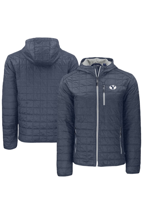 Men's-Cutter & Buck Anthracite BYU Cougars Rainier Eco PrimaLoft Hooded Full-Zip Jacket