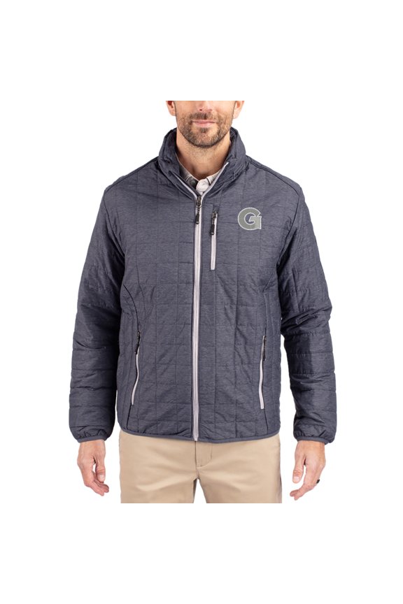 Men's-Cutter & Buck Anthracite Georgetown Hoyas Rainier Eco Insulated PrimaLoft Full-Zip Puffer Jacket