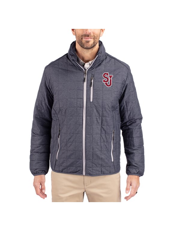 Men's-Cutter & Buck Anthracite St. John's Red Storm Rainier Eco Insulated PrimaLoft Full-Zip Puffer Jacket