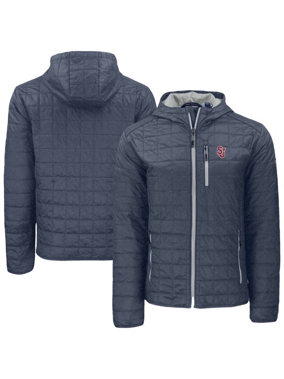 Men's-Cutter & Buck Anthracite St. John's Red Storm Rainier Eco PrimaLoft Hooded Full-Zip Jacket