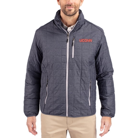 Men's-Cutter & Buck Anthracite UConn Huskies Rainier Eco Insulated PrimaLoft Full-Zip Puffer Jacket