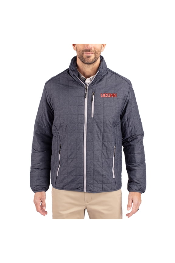 Men's-Cutter & Buck Anthracite UConn Huskies Rainier Eco Insulated PrimaLoft Full-Zip Puffer Jacket