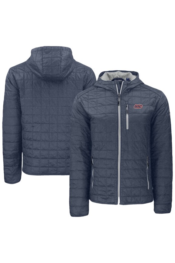Men's-Cutter & Buck Anthracite UIC Flames Rainier Eco PrimaLoft Hooded Full-Zip Jacket