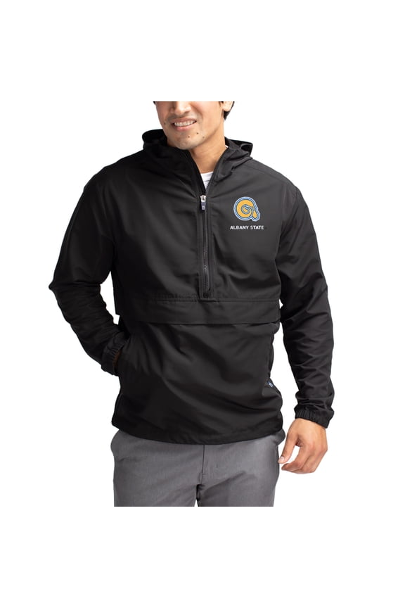 Men's Cutter & Buck Black Albany State Golden Rams Charter Eco Recycled Half-Zip Anorak Jacket