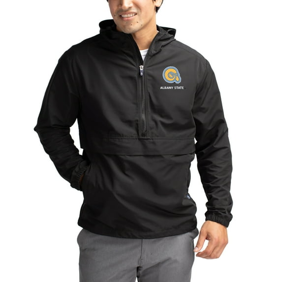 Men's Cutter & Buck Black Albany State Golden Rams Charter Eco Recycled Half-Zip Anorak Jacket