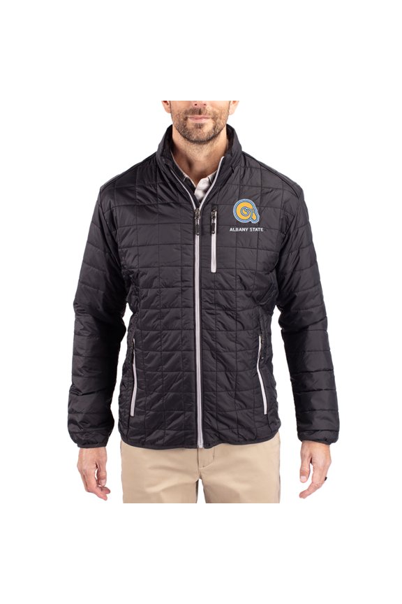 Men's-Cutter & Buck  Black Albany State Golden Rams Rainier Eco Insulated PrimaLoft Full-Zip Puffer Jacket