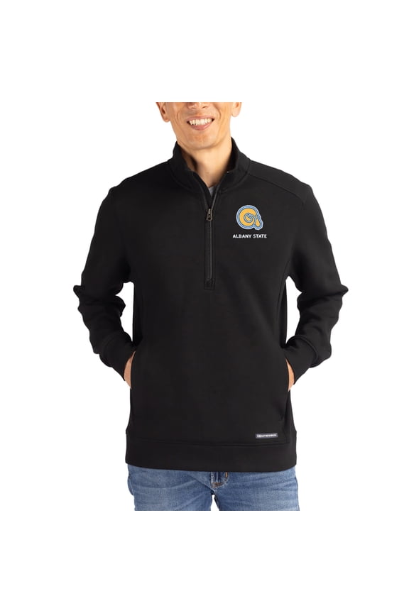 Men's-Cutter & Buck Black Albany State Golden Rams Roam Eco Recycled Quarter-Zip Pullover