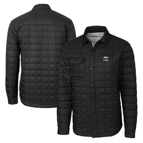 Men's Cutter & Buck Black Arkansas Razorbacks Alumni Logo Rainier PrimaLoft Eco Insulated Quilted Button-Up Shacket