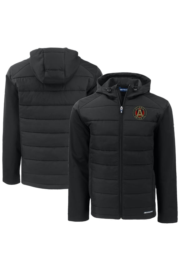 Men's-Cutter & Buck Black Atlanta United FC Evoke Hybrid Eco Softshell Recycled Full-Zip Hooded Jacket