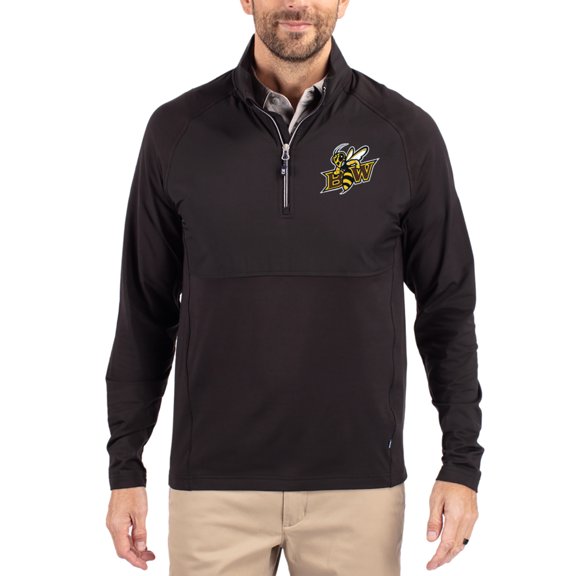 Men's Cutter & Buck Black Baldwin Wallace Yellow Jackets Adapt Eco Knit Hybrid Recycled Quarter-Zip Jacket