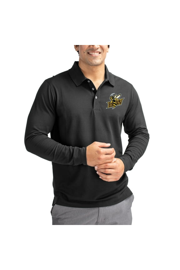 Men's Cutter & Buck Black Baldwin Wallace Yellow Jackets Advantage Eco Tri-Blend Pique Long Sleeve Polo