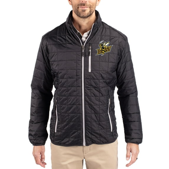 Men's-Cutter & Buck Black Baldwin Wallace Yellow Jackets Rainier Eco Insulated PrimaLoft Full-Zip Puffer Jacket