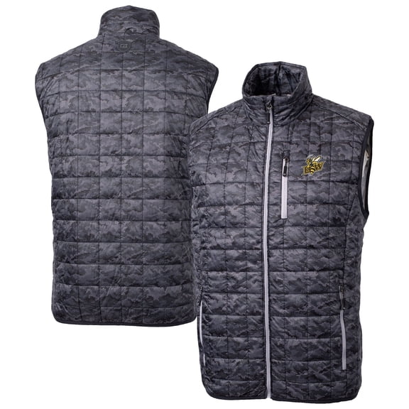 Men's-Cutter & Buck Black Baldwin Wallace Yellow Jackets Rainier PrimaLoft Camo Full-Zip Puffer Vest