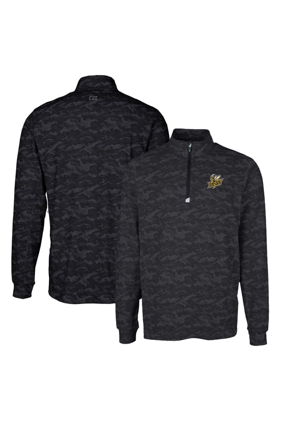 Men's Cutter & Buck Black Baldwin Wallace Yellow Jackets Traverse Camo Print Stretch Quarter-Zip Pullover Top