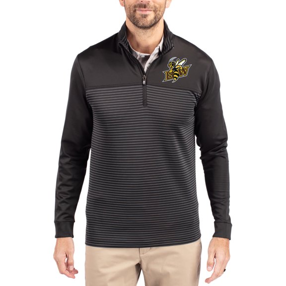 Men's-Cutter & Buck Black Baldwin Wallace Yellow Jackets Traverse Stretch Eco Stripe DryTec Tri-Blend Quarter-Zip