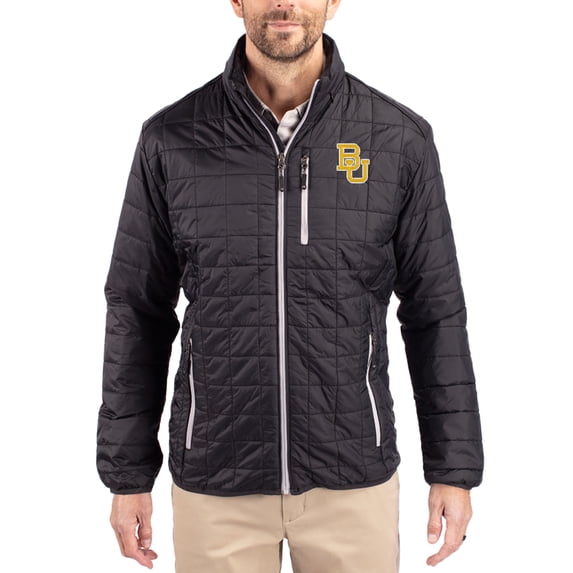Men's-Cutter & Buck Black Baylor Bears Rainier Eco Insulated PrimaLoft Full-Zip Puffer Jacket