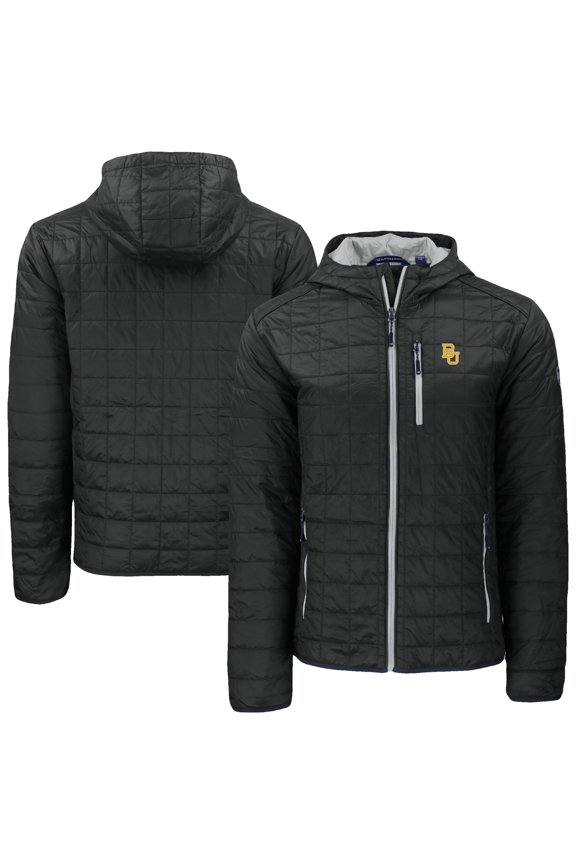 Men's-Cutter & Buck Black Baylor Bears Rainier Eco PrimaLoft Hooded Full-Zip Jacket