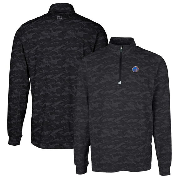 Men's Cutter & Buck Black Boise State Broncos Traverse Camo Print Stretch Quarter-Zip Pullover Top