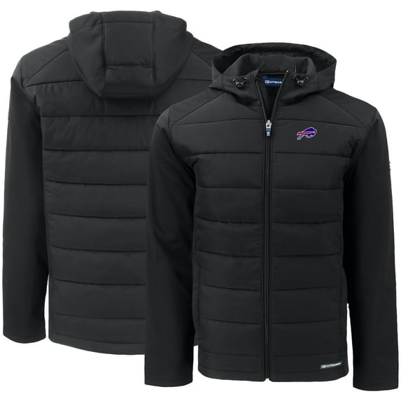 Men's Cutter & Buck Black Buffalo Bills Evoke PrimaLoft Hybrid Eco Softshell Recycled Full-Zip Hooded Jacket