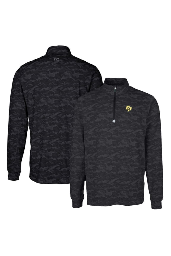 Men's Cutter & Buck Black Cal Poly Mustangs Traverse Camo Print Stretch Quarter-Zip Pullover Top