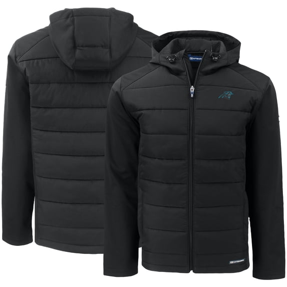 Men's Cutter & Buck Black Carolina Panthers Evoke PrimaLoft Hybrid Eco Softshell Recycled Full-Zip Hooded Jacket
