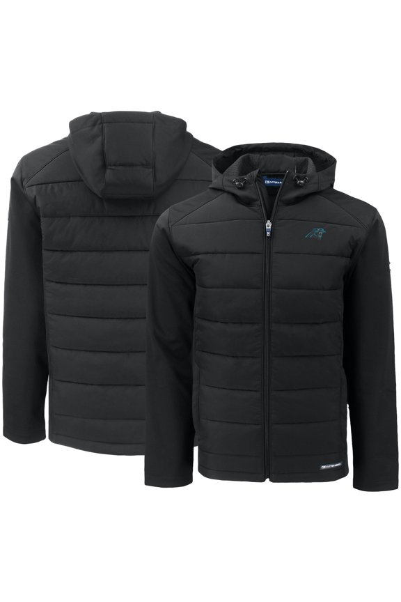 Men's Cutter & Buck Black Carolina Panthers Evoke PrimaLoft Hybrid Eco Softshell Recycled Full-Zip Hooded Jacket