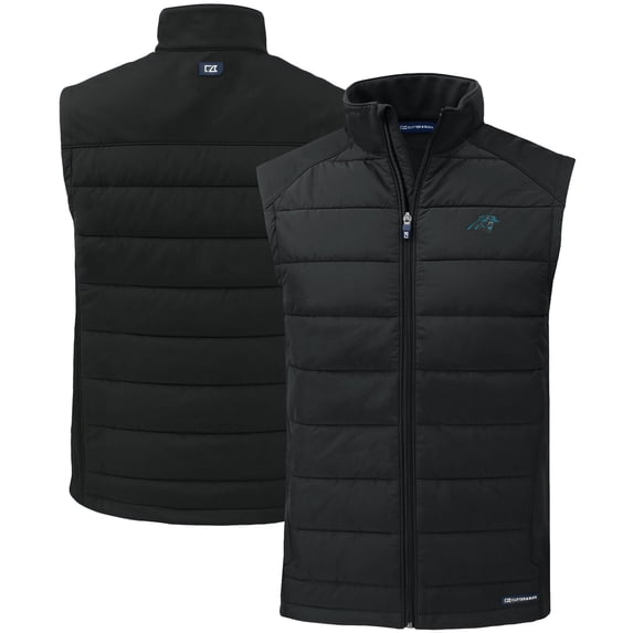 Men's Cutter & Buck Black Carolina Panthers Primary Mark Evoke PrimaLoft Hybrid Eco Softshell Recycled Full-Zip Vest