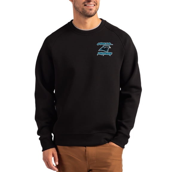 Men's Cutter & Buck Black Carolina Panthers Throwback Roam Recycled Raglan Pullover Sweatshirt