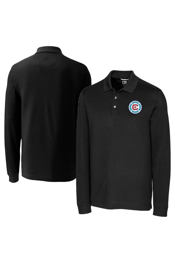 Men's-Cutter & Buck Black Chicago Fire Advantage Eco Tri-Blend Pique Long Sleeve Polo