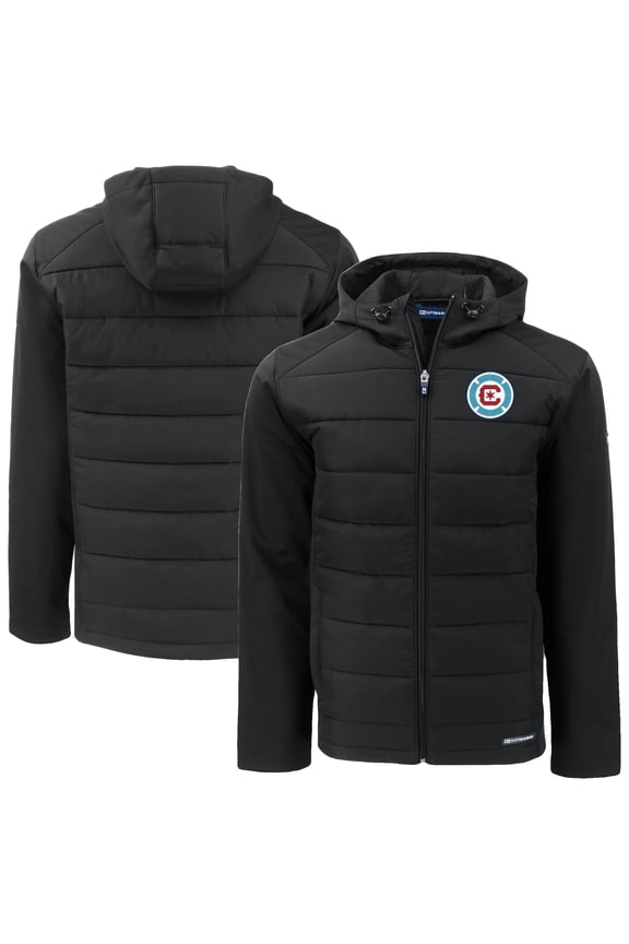 Men's-Cutter & Buck Black Chicago Fire Evoke Hybrid Eco Softshell Recycled Full-Zip Hooded Jacket