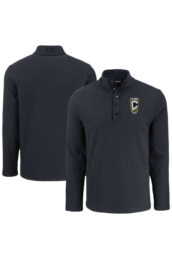 Men's-Cutter & Buck Black Columbus Crew Hunts Point Eco Textured Fleece Recycled Quarter-Snap Pullover