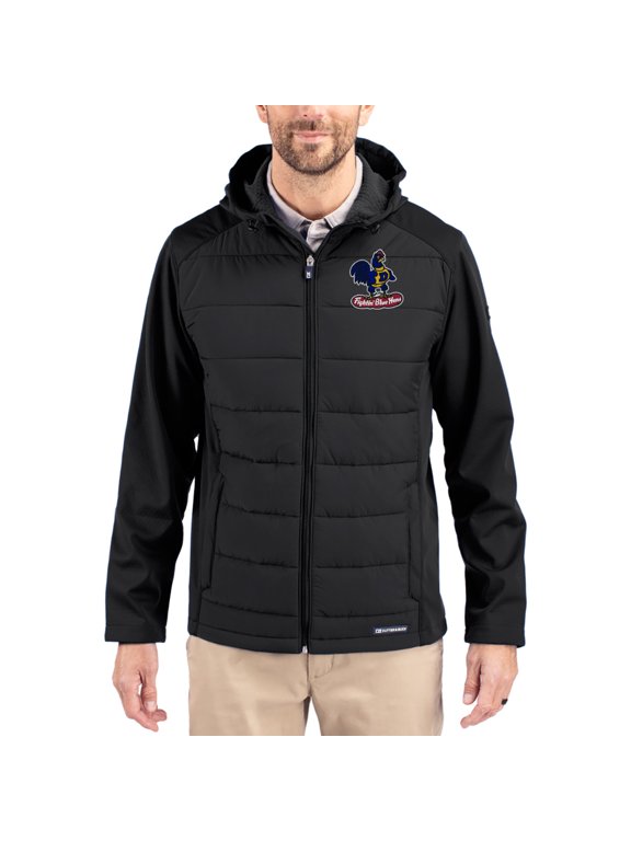 Men's Cutter & Buck Black Delaware Fightin' Blue Hens Evoke Hybrid Eco Softshell Recycled Full Zip Hooded Jacket