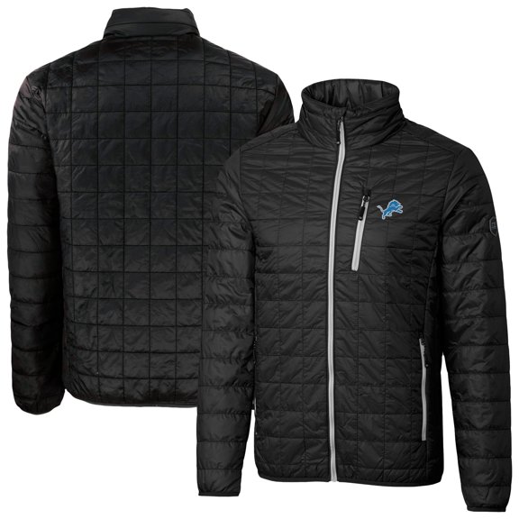 Men's Cutter & Buck Black Detroit Lions Rainier PrimaLoft Eco Insulated Full-Zip Puffer Jacket