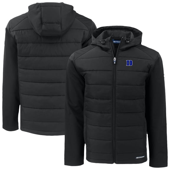 Men's Cutter & Buck  Black Duke Blue Devils Evoke Hybrid Eco Softshell Recycled Full-Zip Hoodie Jacket