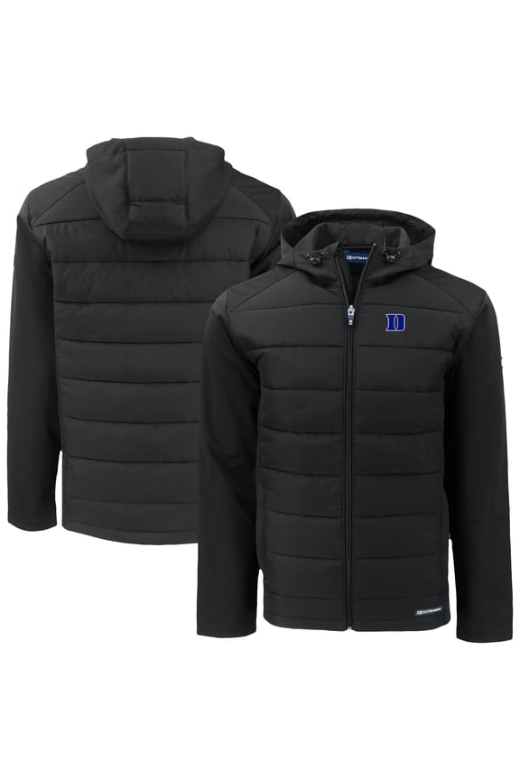 Men's Cutter & Buck  Black Duke Blue Devils Evoke Hybrid Eco Softshell Recycled Full-Zip Hoodie Jacket