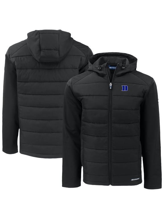 Men's Cutter & Buck Black Duke Blue Devils Evoke Hybrid Eco Softshell Recycled Full-Zip Hoodie Jacket