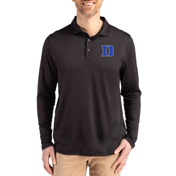 Men's Cutter & Buck Black Duke Blue Devils Primary Coastline Epic Comfort Long-Sleeve Polo