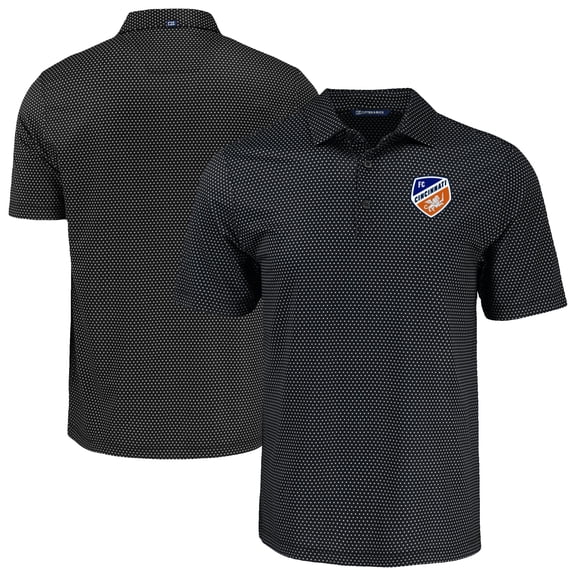 Men's-Cutter & Buck Black FC Cincinnati Big & Tall Pike Eco Shadow Check Print Recycled Polo