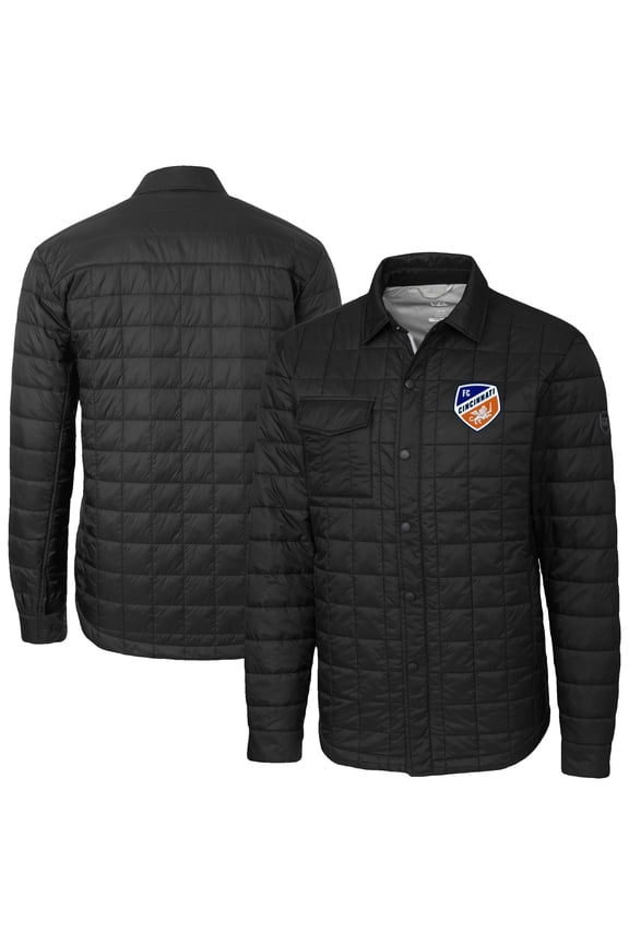 Men's-Cutter & Buck  Black FC Cincinnati Big & Tall Rainier PrimaLoft Eco Insulated Full-Snap Quilted Shirt Jacket