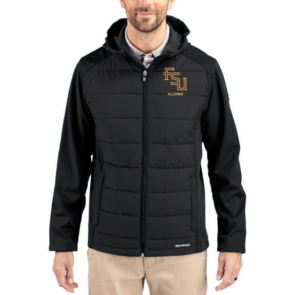 Men's Cutter & Buck Black Florida State Seminoles Evoke Hybrid Eco Softshell Recycled Full Zip Hooded Jacket