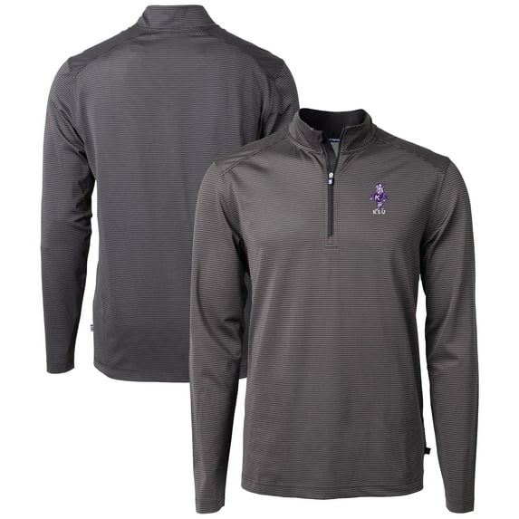 Men's Cutter & Buck Black/Gray Kansas State Wildcats Vault DryTec Virtue Eco Pique Micro Stripe Recycled Quarter-Zip