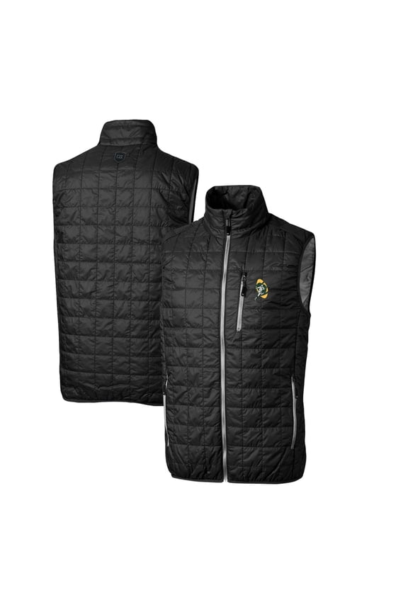 Men's Cutter & Buck Black Green Bay Packers Throwback Logo Rainier PrimaLoft Eco Insulated Full-Zip Puffer Vest