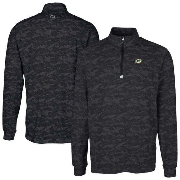 Men's Cutter & Buck Black Green Bay Packers  Traverse Camo Print Stretch Quarter-Zip Top