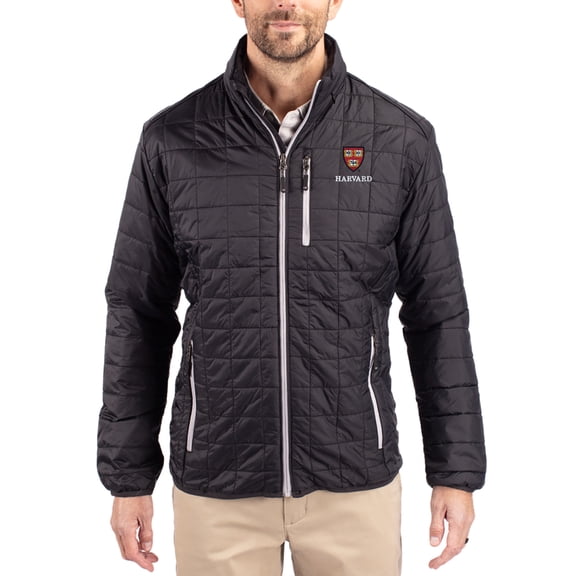 Men's-Cutter & Buck Black Harvard Crimson Rainier Eco Insulated PrimaLoft Full-Zip Puffer Jacket