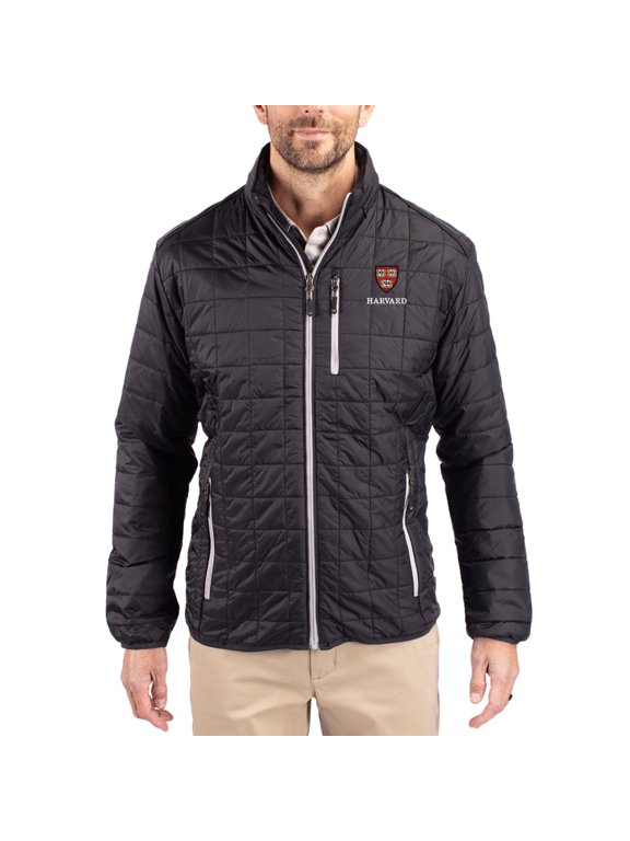 Men's-Cutter & Buck Black Harvard Crimson Rainier Eco Insulated PrimaLoft Full-Zip Puffer Jacket