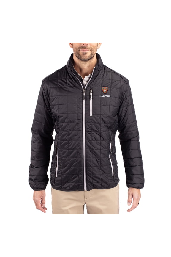 Men's-Cutter & Buck Black Harvard Crimson Rainier Eco Insulated PrimaLoft Full-Zip Puffer Jacket